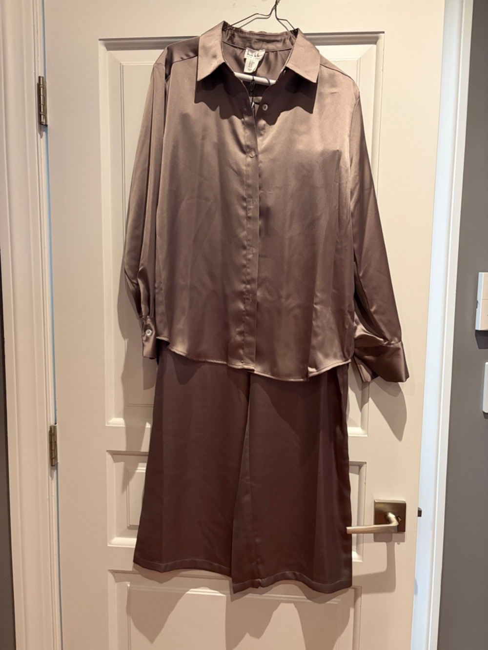 Silky Taupe Button-Down Top and Pant Set